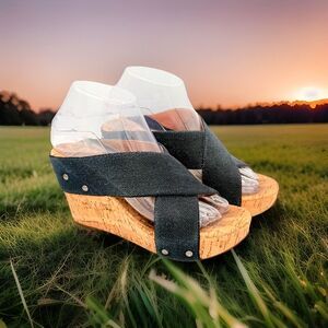 Lucky Brand Mykayla Cork Platform Wedge Navy Criss Cross Open Toe Sandals sz 7M